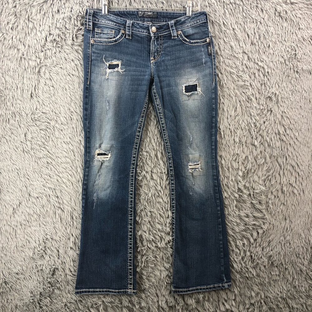 Silver Jeans Womens Size 30 Pioneer Bootcut Distressed Denim Patched Blue